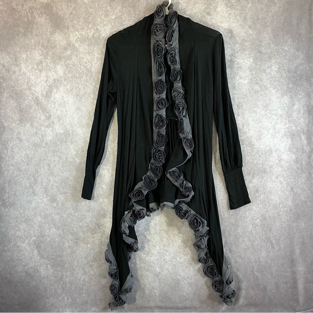 Awake Couture Cardigan Women Small Black Grey Rosette High Low Whimsigoth Goth